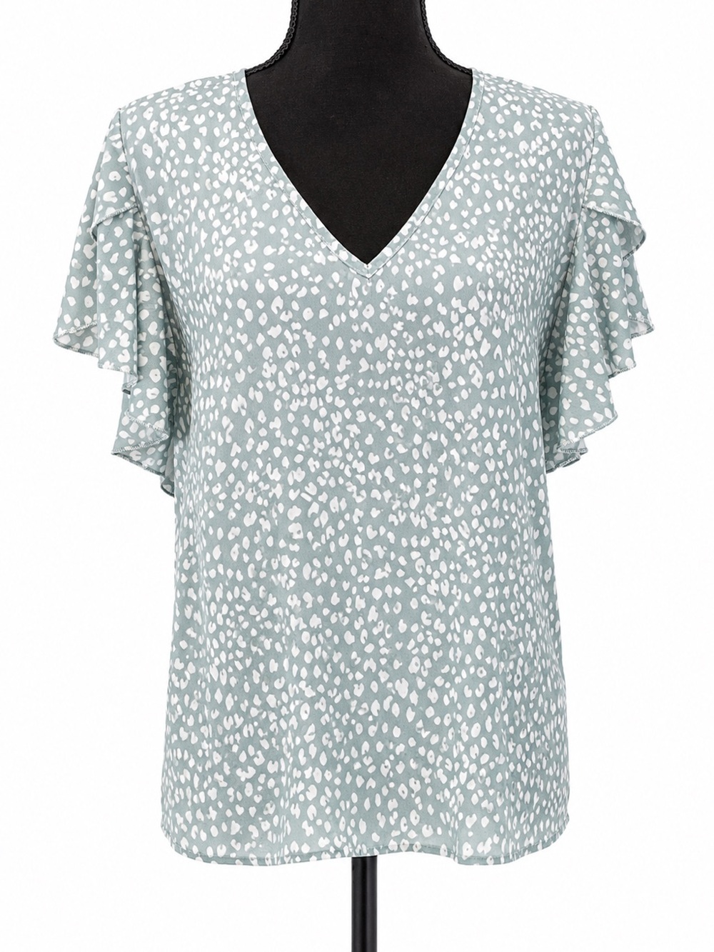 Light Green with White Speck Design Flutter Sleeve Blouse Size Large Cottagecore